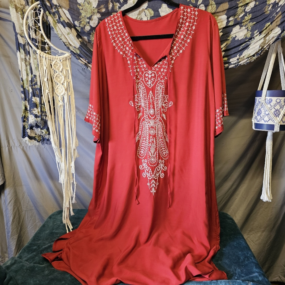 Embroidered V-Neck Red Maxi Dress